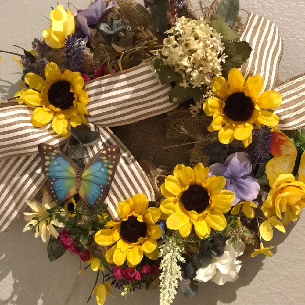 Autumn Sunflower Wreath Adorable 2 Small Butterflies Small Sized FINAL SALE